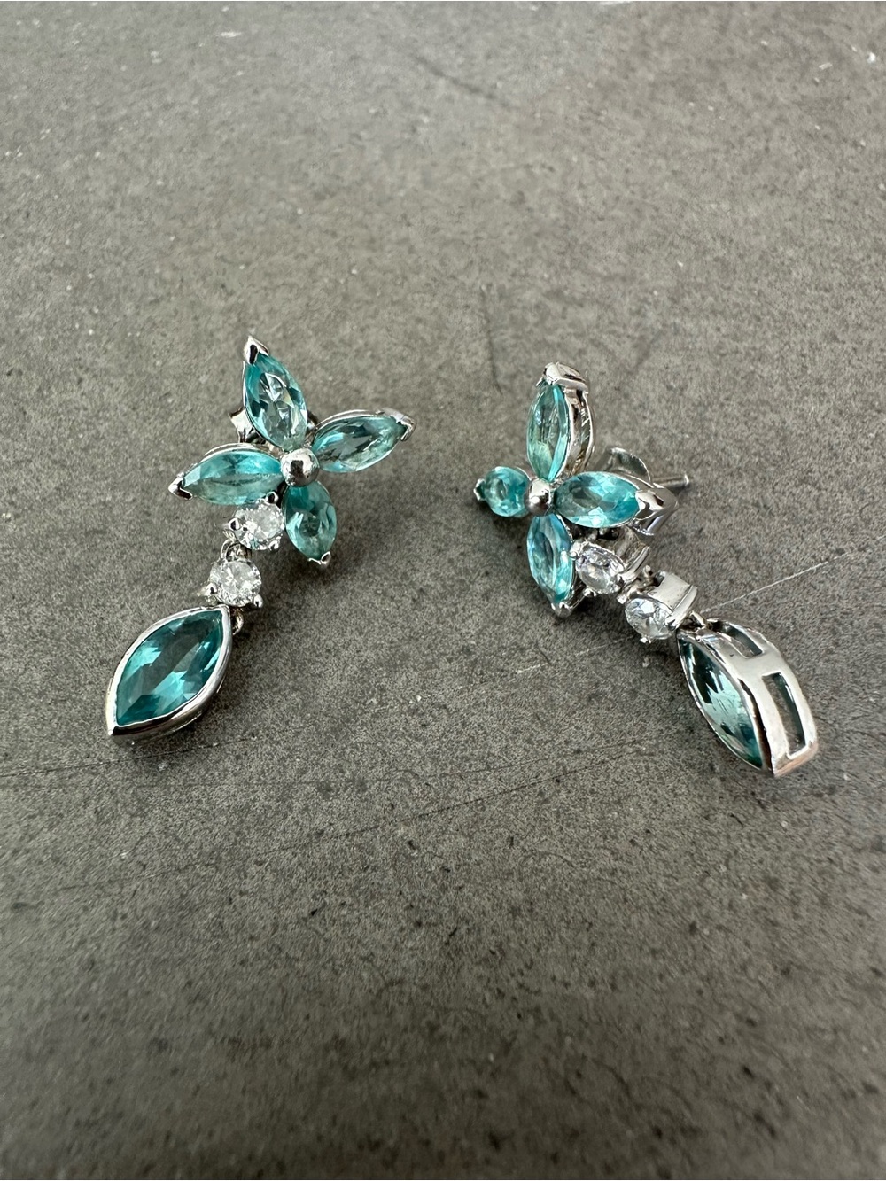 Sterling Silver Blue CZ & Clear CZ Flower Drop Earrings